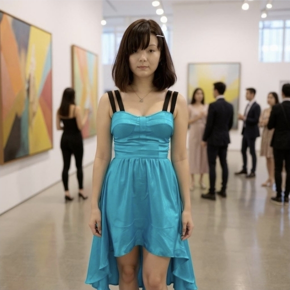 GUESS Party Dress – High-Low Silky Blue & Black, Strappy Open Back – Size S/2 - Picture 7 of 16